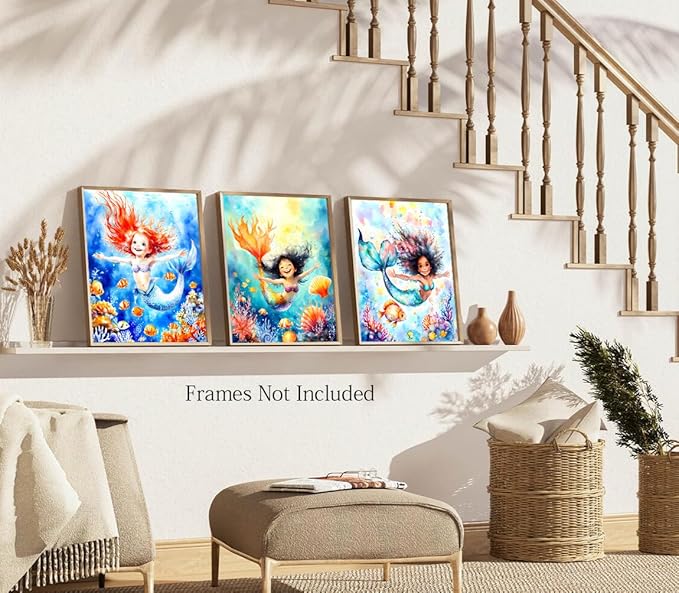 LNLAGBO Mermaid Wall Art Bathroom Decor,Mermaid Wall Art Print Girl Room Decor,Ocean Animals Bathroom Wall Decor for Kids Bedroom Nursery Set of 4(8"x10"Unframed)