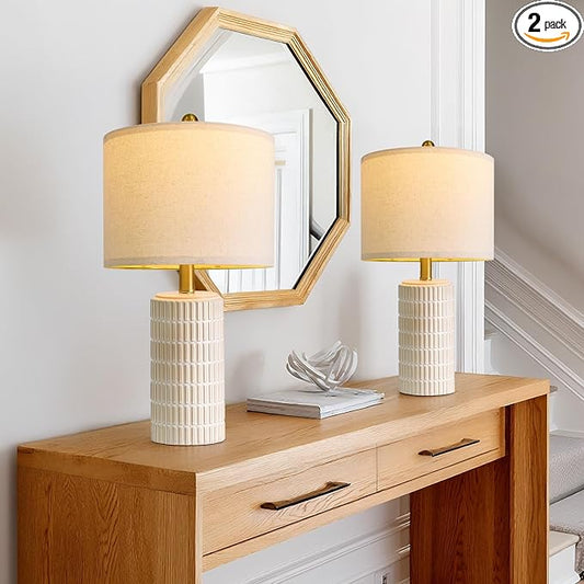 PoKat 20.75" Small Modern Ceramic Table Lamps Set of 2 for Bedroom, White Bedside Lamps for Night Stands, Farmhouse Desk Decor Nightstand Table Lamps for Living Room End Table Beige