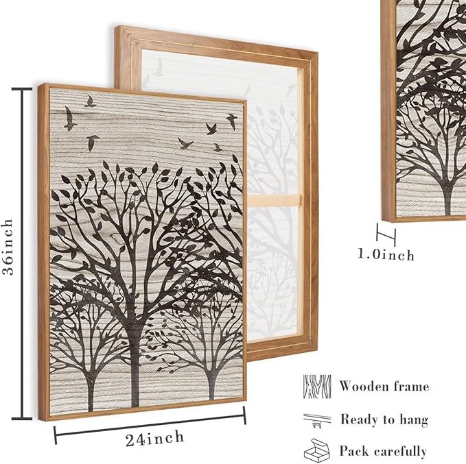 ANHUIB Framed Neutral Tree Canvas Wall Art 24 * 36 Inch Large Forest Bird Abstract Wall Decor Farmhouse Illustration Artwork for Living Room Bedroom Set of 3
