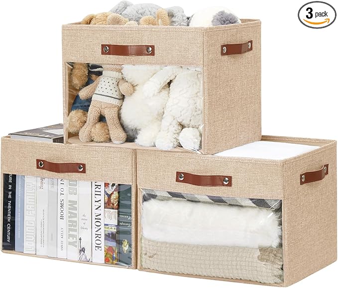 Extra Large Storage Baskets with Clear Window, See Through Closet Organizer with PU Handles, Linen Foldable Storage Bins for Organizing Clothes, Toys, Books (Khaki)