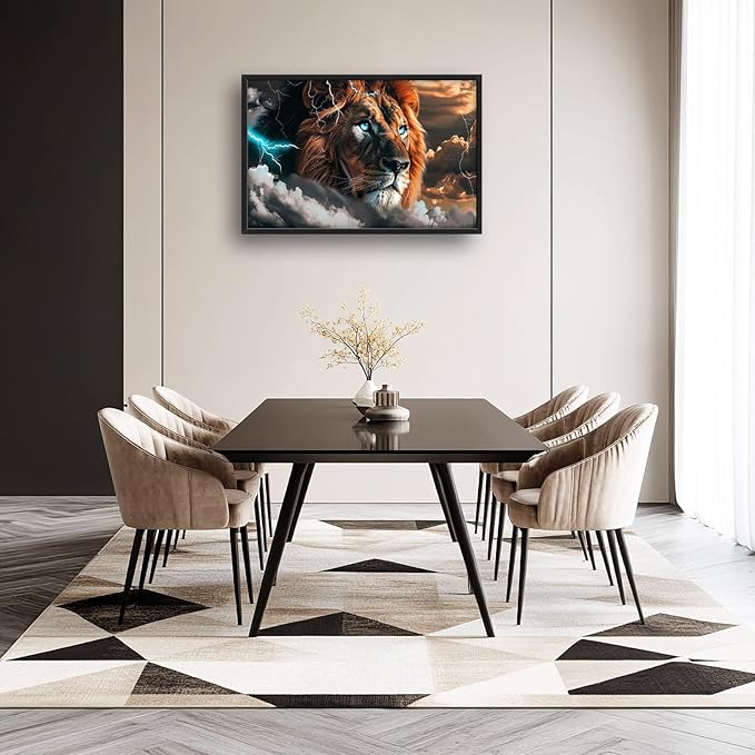 Abstract Lion Large Framed Wall Art Cool Lion Lightning Pictures Oversized Rustic Wild Animal Wall Decor Canvas Print Painting Aesthetic Modern Artwork for Living Room Bedroom Office Bathroom Home Decor 36L"x24W"