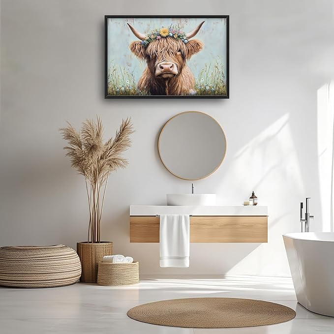 Highland Cow Framed Wall Art for Living Room, Large Cow Canvas Wall Decor, Animal Pictures Painting, Modern Artwork for Bathroom Bedroom Office 36L'' × 24W''