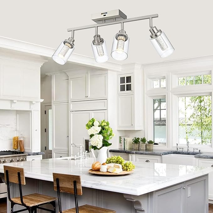 MELUCEE 5-Color 4 Light Brushed Nickel LED Track Lighting Fixtures Ceiling for Kitchen, Dimmable Track Lighting Kit, Adjustable Directional Spot Lights Indoor Wall Lamp, Built-in LED Chips