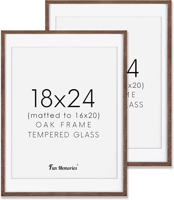 18x24 Poster Frame, Solid Oak Wood 18 by 24 Picture Frame Set of 2, 18x24 Wood Frames with Tempered Glass, 18 x 24 Frame with Mat for 16 x 20, Large Wooden Art Frame, Walnut Color