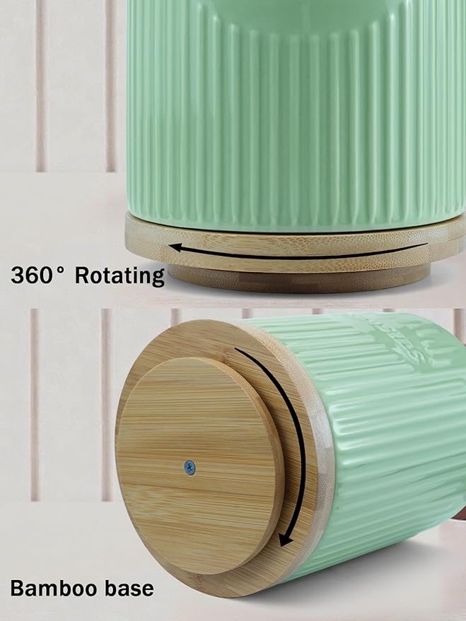 360° Rotating Utensil Holder, 7.6" Large Ceramic Kitchen Utensil Holder for Countertop with Bamboo Base, Stable Utensil Organizer, Farmhouse kitchen Decor, Green