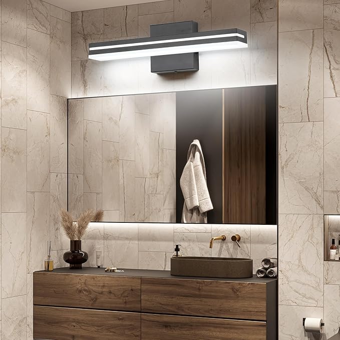 SineRise LED Modern Bathroom Vanity Light Fixtures (16-Inch, 3000K/4000K/6000K, Dimmable), Matte Black Modern Acrylic Bathroom Wall Lighting Fixtures Over Mirror