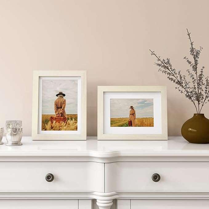 Egofine 6x8 Picture Frames Set of 4, Made of Solid Wood Covered by Plexiglass 4x6 and 5x7 with Mat or 6x8 without Mat, for Table Top Display and Wall Mounting Photo Frame Beige
