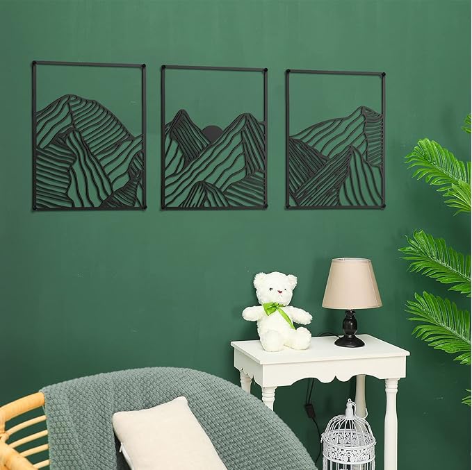 Peryiter 3 Pcs Metal Wall Art Decor Landscape Mountain Wall Hanging Decor for Living Room Abstract Minimalist Modern Mountain Line Pictures Summer Bathroom Office Home Gifts Indoor(Black)