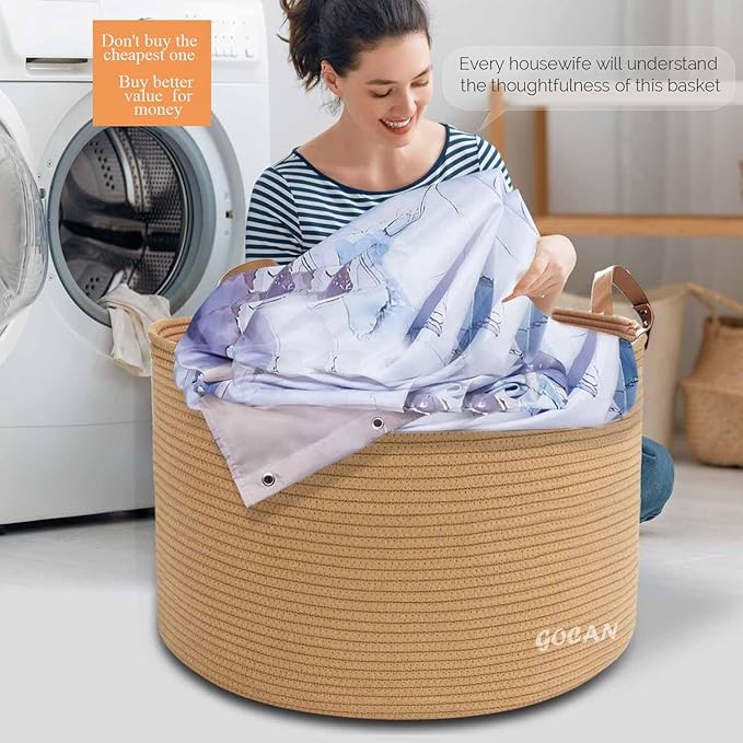 Extra Large Storage Laundry Basket 22" X 22"X 14" Cotton Rope Woven Basket for Blanket Basket with Handles for Living Room Toys Storage XXXL (Pure Jute)