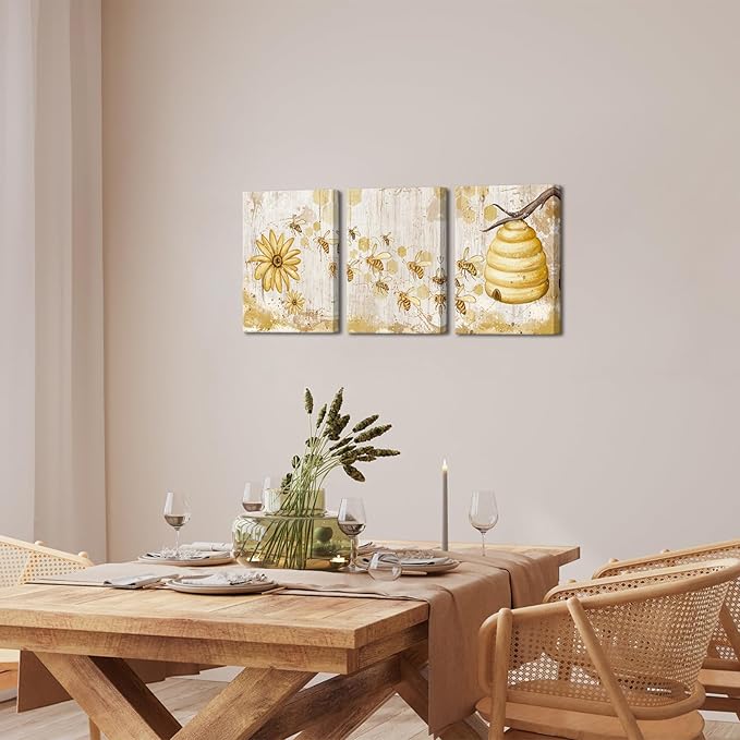 FuShvre Vintage Yellow Wall Art Honey Bee Canvas Painting Picture Bee and Flower Daisy Artwork for Kitchen Famrhouse Decor Framed 12"x16" Each (Small, White)