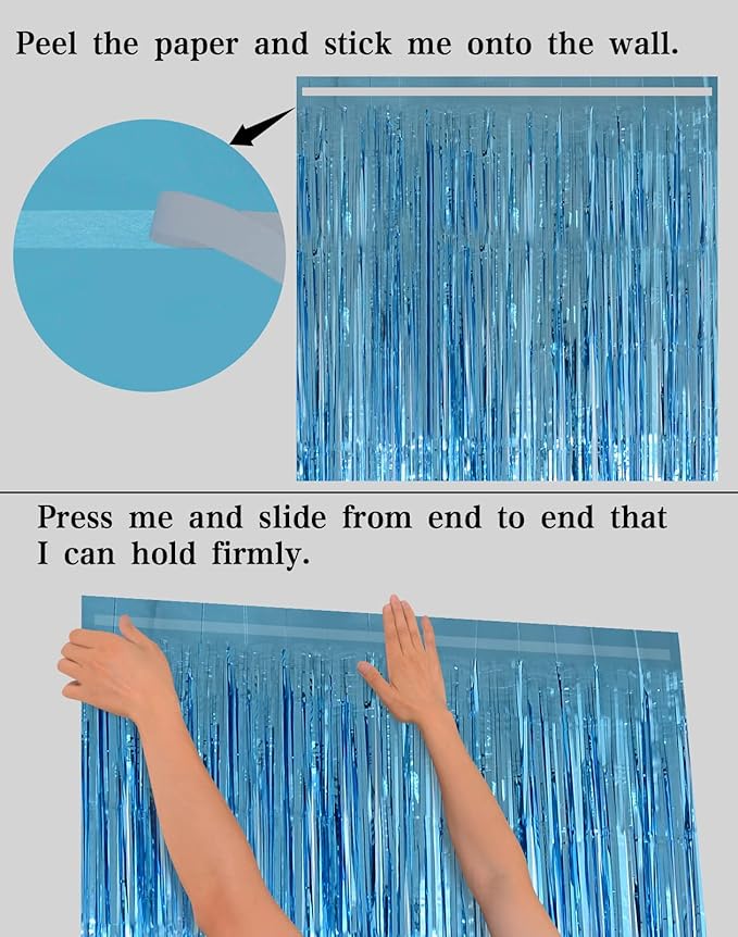 Light Blue Foil Fringe Curtains Party Decorations, Melsan 3.2 x 8 ft Foil Curtains Tinsel Backdrop for Ocean, Baby Shark, Frozen Theme Birthday Decorations - Pack of 2