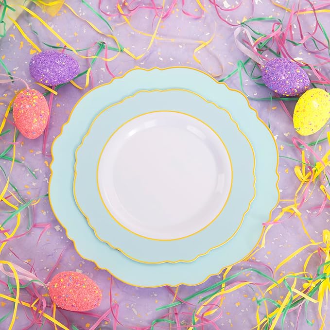 WDF 30Guest Mint Green Plastic Plates & Disposable Gold Silverware With Green Handle-Baroque Green &Gold Plastic Dinnerware for Upscale Party/Picnic/Birthday