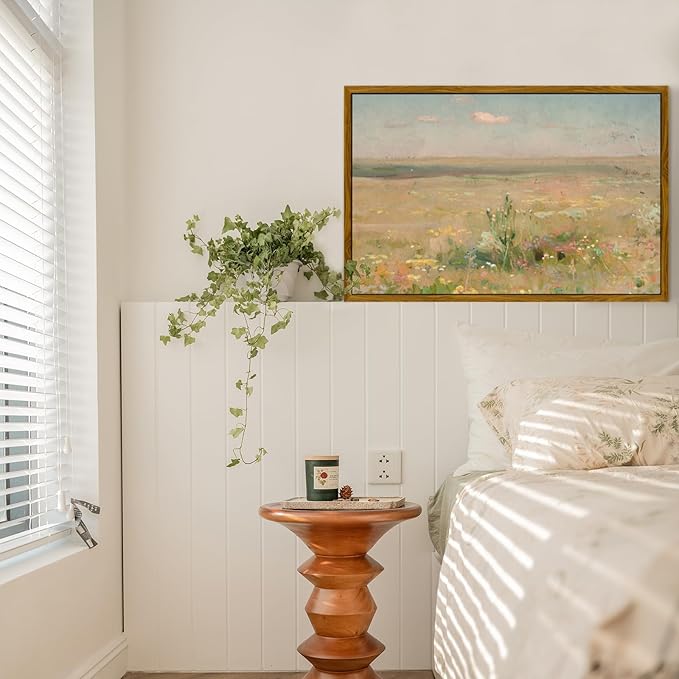 crmotu Vintage Framed Wall Art, Meadow Landscape Canvas Prints, Wildness Scenery Nature Wall Decor Pictures, Watercolor Aesthetic Wall Paintings for Living Room Bedroom Kitchen Artwork 20x30in