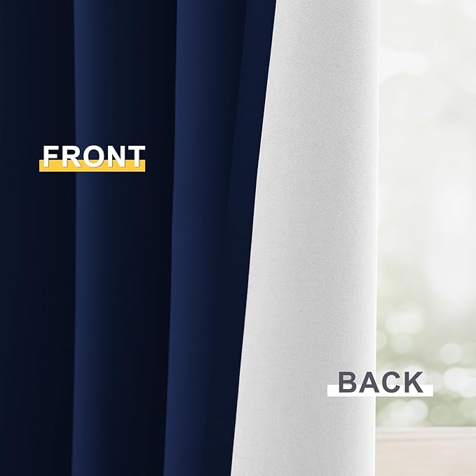 Yakamok 100% Blackout Curtain Panels 84 inches Cold and Light Blocking Drapes for Nursery, 2 Thick Layers Thermal Insulated Draperies (2 Pieces, 50 Wide Each Panel, Navy Blue Front with White Backing)