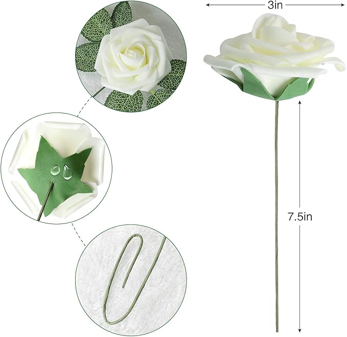 AmyHomie Artificial Flower Ivory Rose 25pcs Real Looking Fake Roses w/Stem for DIY Wedding Bouquets Centerpieces Arrangements Party Baby Shower Home Decorations