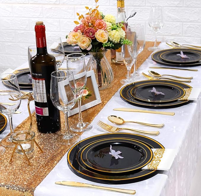 WDF 125Pieces Black Plates Disposable with Gold Rim & Disposable Gold Plastic Silverware for Halloween - 50 Graduation Plates - 25 Forks, 25 Knives, 25 Spoons
