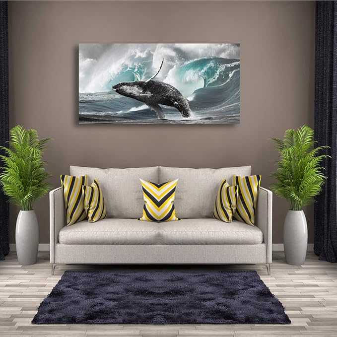 Surging Waves Whale Pictures Canvas Wall Art For Living Room Bedroom Wall Decor,Surge Wall Art Print Paitnings for Home Decor,Morden Artwork Seascape Canvas Art Waterproof Ready to Hang-20X40Inches