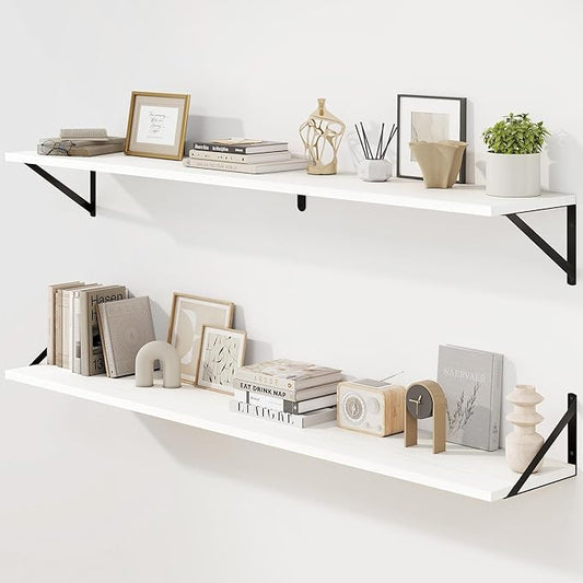 Fun Memories Deep Floating Shelves for Wall, 55W x 8D Wall Mounted Shelves Set of 2, Wide Display Ledge Shelf with Sturdy Metal Brackets for Living Room, Bathroom, Bedroom and Kitchen, White