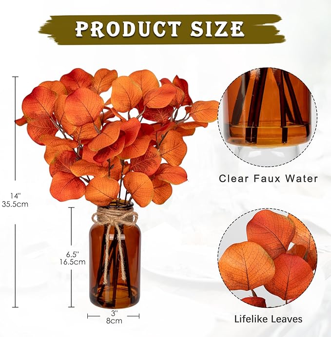 Briful Artificial Eucalyptus Stems in Amber Glass Vase with Faux Water, 14" Fake Fall Plant Autumn Eucalyptus Leaves for Home Farmhouse Wedding Centerpiece Bathroom Décor