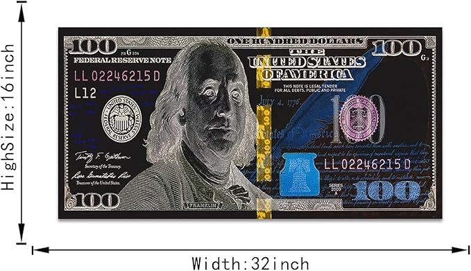 Abstract Creative 100 Dollar Bill Print Abstract Benjamin Franjlin Money Artwork Cash Art Print Rich Money Millionaire Canvas Paintings for Living Room Bedroom Wall Decor Framed Easy to Hang-32"Wx16"H