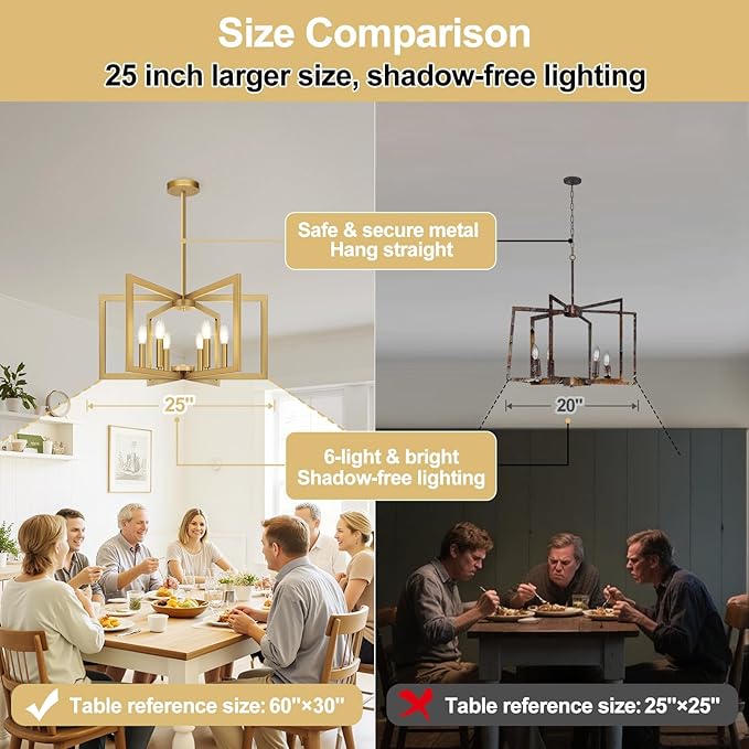 25" Modern Gold Chandelier for Dining Room (6-Light, 25-Inch), Geometric Gold Dining Room Light Fixture Over Table, Industrial Metal Hanging Pendant Lights for Kitchen Island, Entryway, Foyer