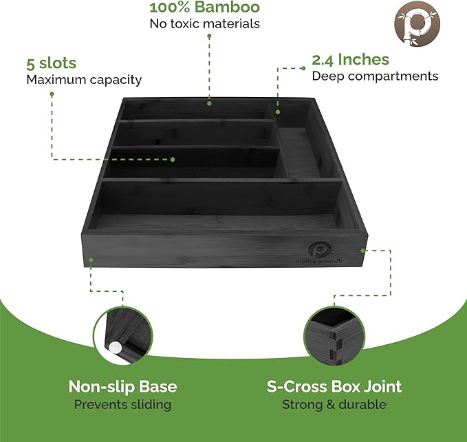 Silverware Organizer - Kitchen Drawer Organizer and Utensil Organizer - Cutlery Tray – Flatware, Utensil and Silverware Holder - Silverware Tray for Drawer (5-Slots, Black)