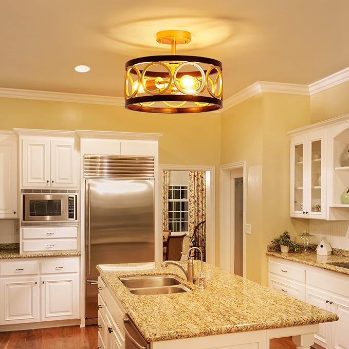 XINGQI 13" Modern Semi Flush Mount Ceiling Light Fixture, Black and Gold Drum Chandelier with Metal Shade Farmhouse Round Ceiling Lamp for Living Dining Room Bedroom