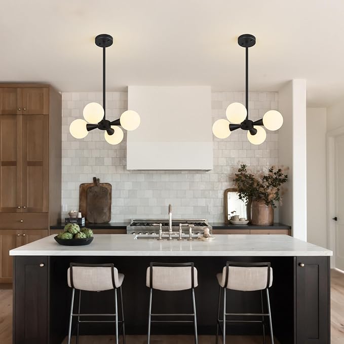 Modern Ceiling Light with Milk White Glass lampshade Black Semi Flush Mount Ceiling Light Fixture Sputnik Chandelier for Bedroom Living Room Dining Room Foyer Hallway(4-Lights)