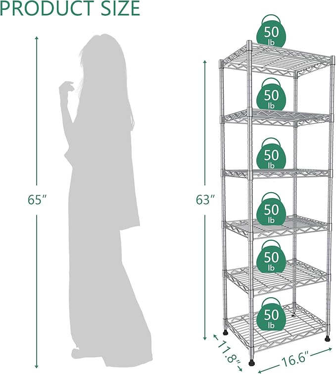 GIOTORENT 6-Tier Storage Shelves Standing Shelving Metal Units, Adjustable Height Wire Shelf Display Rack for Pantry Laundry Bathroom Kitchen 16.6” x 11.8” x 63”, Silver