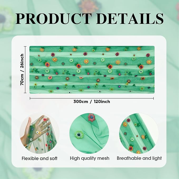 Artoid Mode 3PCS Dark Green Embroidery Daisy Gauze Table Runner 120 Inch 10FT, Seasonal Sheer Dining Holiday Wedding Birthday Table Decor for Home Party