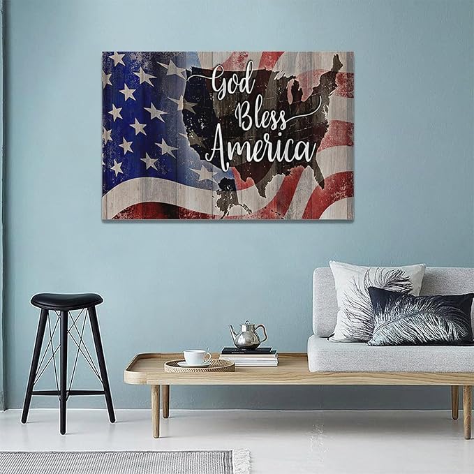 Large American Flag and USA Map Wall Art Rustic United States Map Pictures Wall Decor God Bless America Canvas Painting Print Home Decor Artwork Framed for Living Room Bathroom Master Bedroom 24"x16"