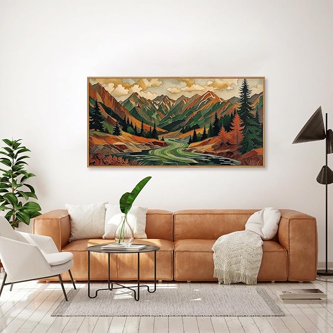 HPINUB Abstract Boho Mountain Framed Canvas Wall Art Set,Vibrant Forest Pine Tree Wall Decor,Textured Landscape Artwork Rustic Linear Scenery Art Print for Living Room,Bedroom,Office-20 x40