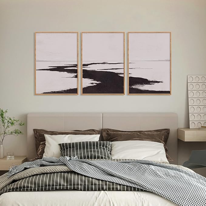 KAIRNE Abstract Neutral Lake Framed Wall Art Set, Neutral Shape Wall Painting, Abstract Black and Grey Landscape Wall Decor, Modern Watercolor Art Print for Living Room, Bedroom, Office - 16"x24"x3