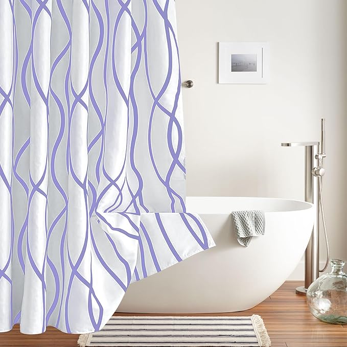 Biscaynebay Extra Long Textured Fabric Shower Curtain 72 W x 84 L, Lavender Printed Striped Linen Modern Hotel Luxury Quality Cloth Bathroom Curtains Machine Washable