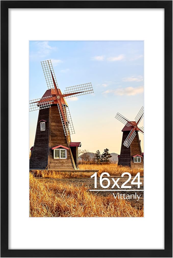Vittanly 16x24 Picture Frame with Plexiglass - Large Black Poster Frame for Wall Display - Includes 12x18 Mat, Made of Durable PVC Design - 1 Pack