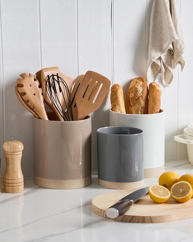 famiware Milkyway Kitchen Utensil Holder for Countertop, Ceramic Cooking Utensil Crocks for Kitchen Counter, Utensil Organizer for Spatula & Spoon, Set of 2, White and Cinnamon Brown