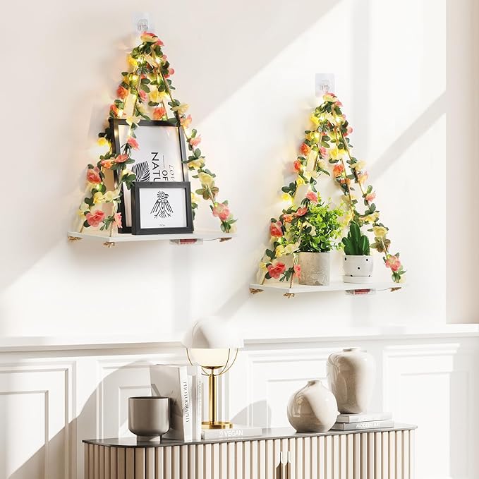 Floating Shelves for Wall No Drilling,Wall Dcorations Art,Hanging Shelf,Leaves and Light Strip with Flower,Set of 2 Plant Decor for Home House Livingroom Bedroom Officer,Boho Decor,Gifts for Woman