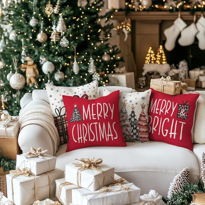 GEEORY Christmas Pillow Covers 18x18 Inch Set of 4, Snowflake Xmas Tree Present Merry Bright Holiday Decor Decorative Cushion Cases Winter Decoration for Home G401N-18