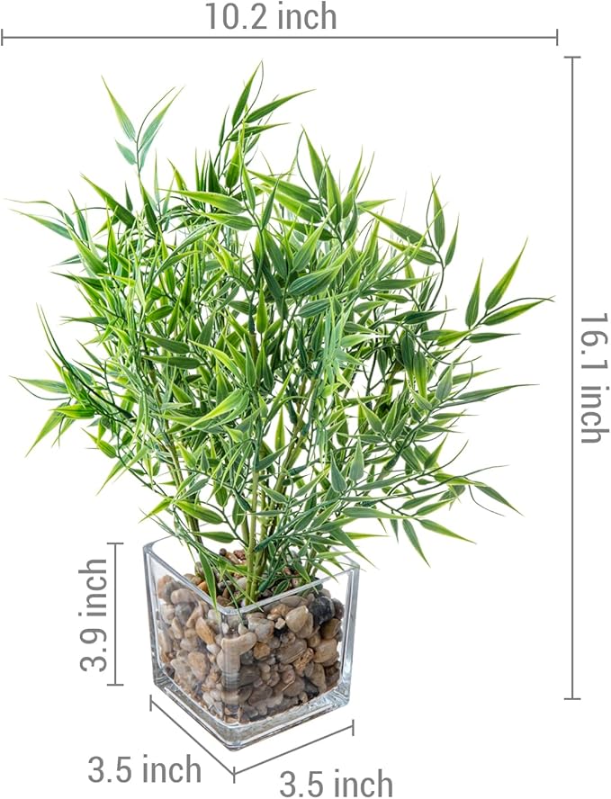 MyGift 16 Inch Tall Tabletop Artificial Bamboo Leaves Plant Potted in Clear Glass Square Pots, Indoor Faux Greenery Table Centerpiece Home Office Decor, Set of 2