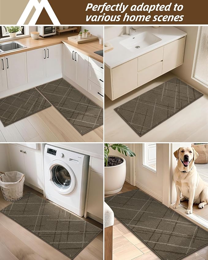 COSY HOMEER Kitchen Mats, 2 PCS Kitchen Rug Non Slip Washable, Absorbent Runner Rugs for Kitchen Floor, Polyester Kitchen Sink Rug 20"x32" + 20"x48"(Brown)