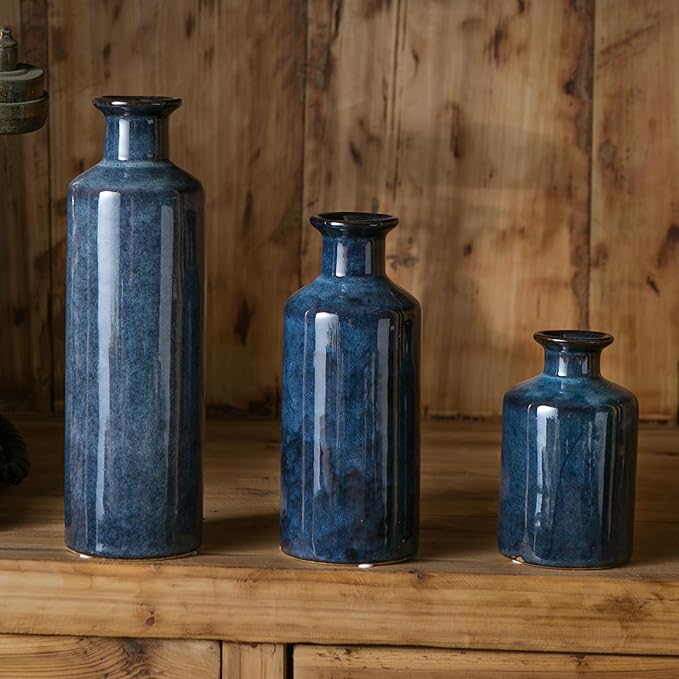 Blue Ceramic Vase Set of 3 Small Vases, Modern Farmhouse for Home Decor Bottles, Rustic Terracotta Vase Decorative Vases for Table,Fireplaces Decor, Bookshelf, Living Room
