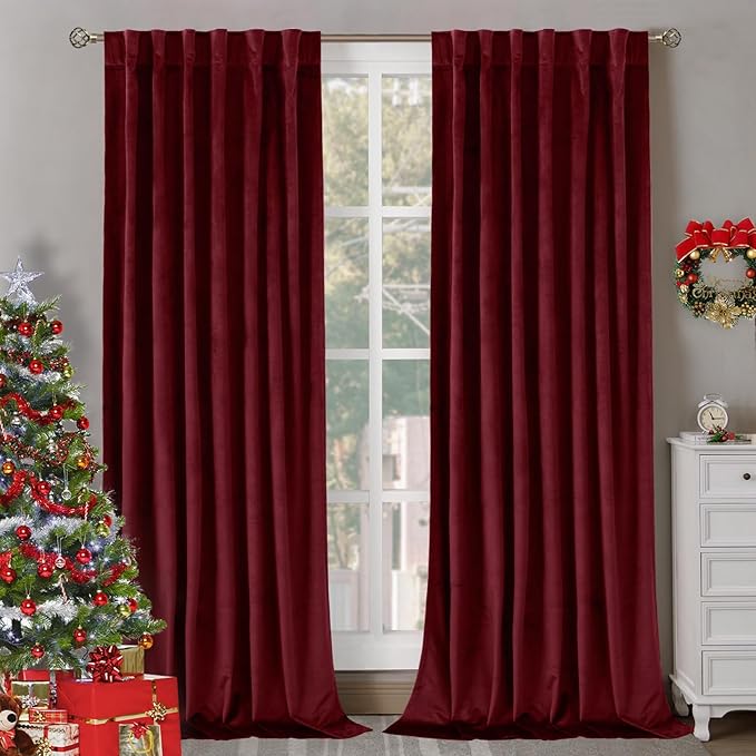 BGment Red Velvet Curtains 102 Inches Long for Living Room, Thermal Insulated Room Darkening Curtains Drapes Window Treatment with Back Tab and Rod Pocket, Set of 2 Panels, 52 x 102 Inch
