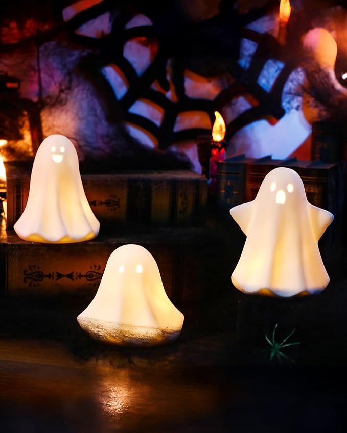 Ceramic Ghosts Small White Ghost Figurine, 3PCS Light Up Ghost Decor, Small LED Ghost Halloween Decor Spooky Sculptures for Indoor Halloween Party Tabletop Home Shelf Decoration