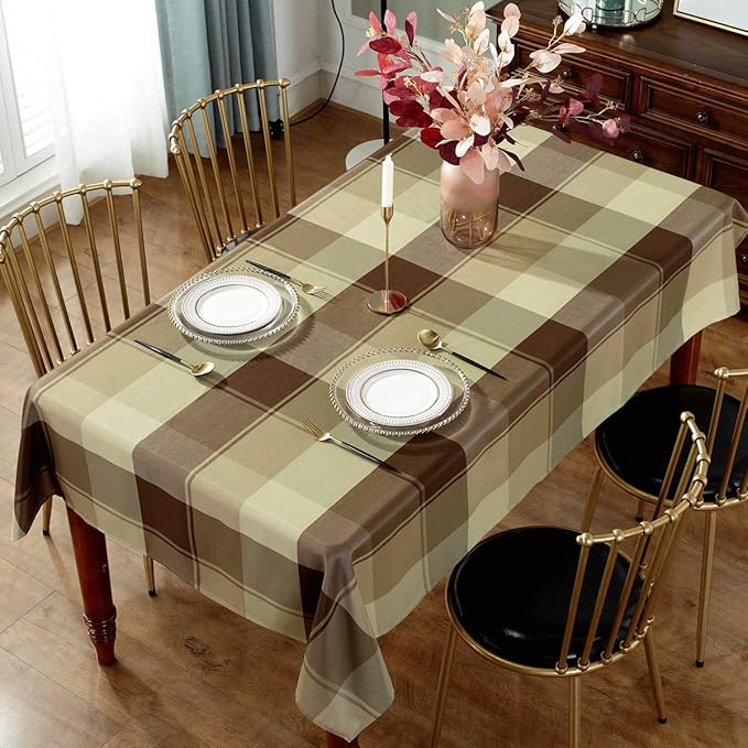 SASTYBALE Tablecloth Checkered Polyester Table Cloth Dust-Proof Wrinkle Resistant Heavy Weight Table Cover for Kitchen Dinning Tabletop Decoration (Square, 52" x 52" (2-4 Seats), Taupe)