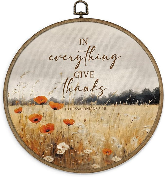 Gnmduw Fall Christian Wall Art Framed, Thanksgiving Fall Landscape Round Hanging Wall Decor, In Everything Give Thanks Canvas Prints Art for Farmhouse Living Room Bathroom Gallery Bedroom, 10x10 Inch