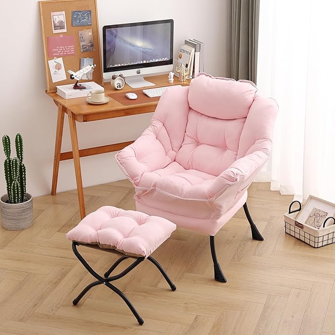 Lazy Chair with Ottoman, Modern Chair with Folding Footrest, Lounge Accent Chair, Comfortable Reading Chair, Oversized Armchairs for Bedroom, Study, Living Room, Courtyard (Pink