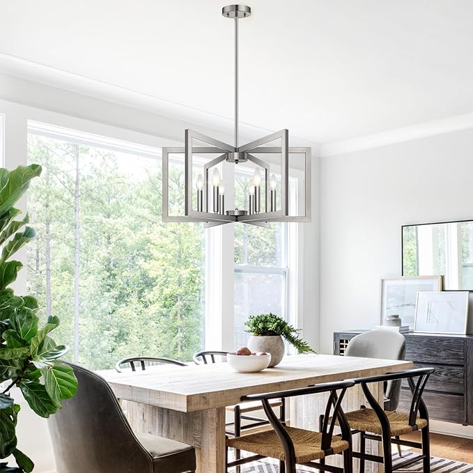 25" Modern Brushed Nickel Chandelier for Dining Room (6-Light, 25-Inch), Geometric Dining Room Light Fixture Over Table, Industrial Metal Hanging Pendant Lights for Kitchen Island, Entryway, Foyer