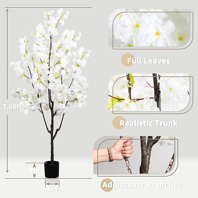 Faux White Cherry Blossom 6ft(72in) Artificial Floor Green Plant for Indoor Decor Natural Potted Tree with Texture Flowers Realistic Wood Trunk for Home Living Room,Office Perfect Housewarming Gift
