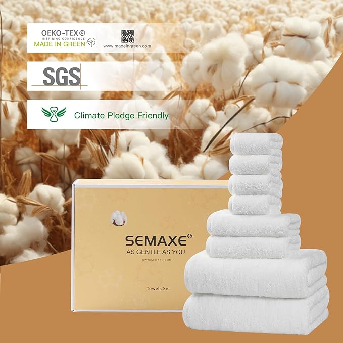 SEMAXE White Bath Towel Set, 100% Cotton Bathroom Towels with Hanging Loops and Nano-Bio Lifecycle Labels, Luxury 8 Piece Towel Set Include 2 Bath Towels, 2 Hand Towels, 4 Washcloths