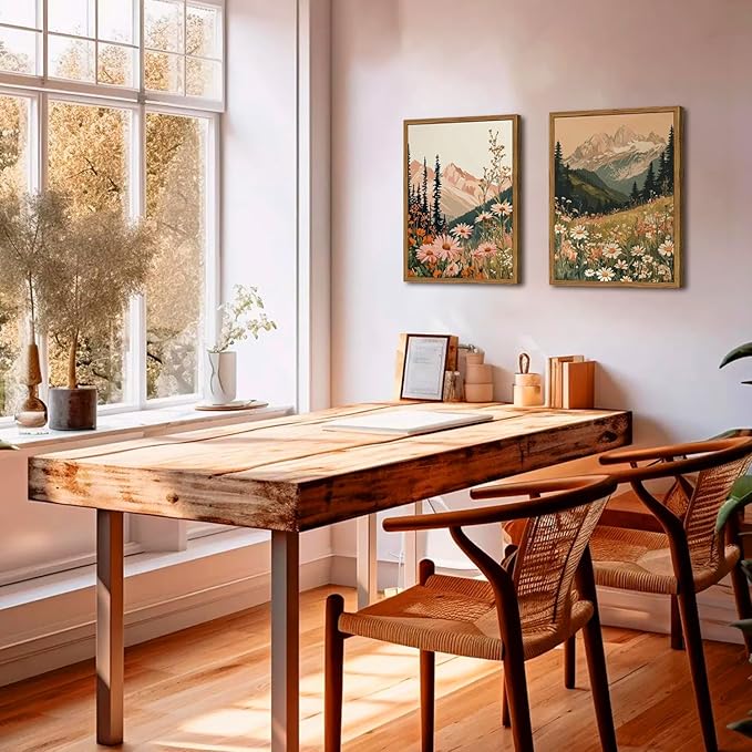 Framed Boho Colorful Wildflower Landscape Wall Art Set of 3, Vintage Floral Mountain Wall Decor Paintings, Nature Flower Pictures Canvas Prints for Living Room Bedroom Office 16x24 inch